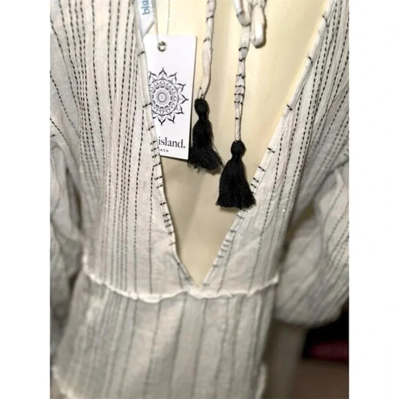 Blue Island Boho Beach Cover-Up Dress White Striped V-Neck Long Sleeve Large - Picture 2 of 11